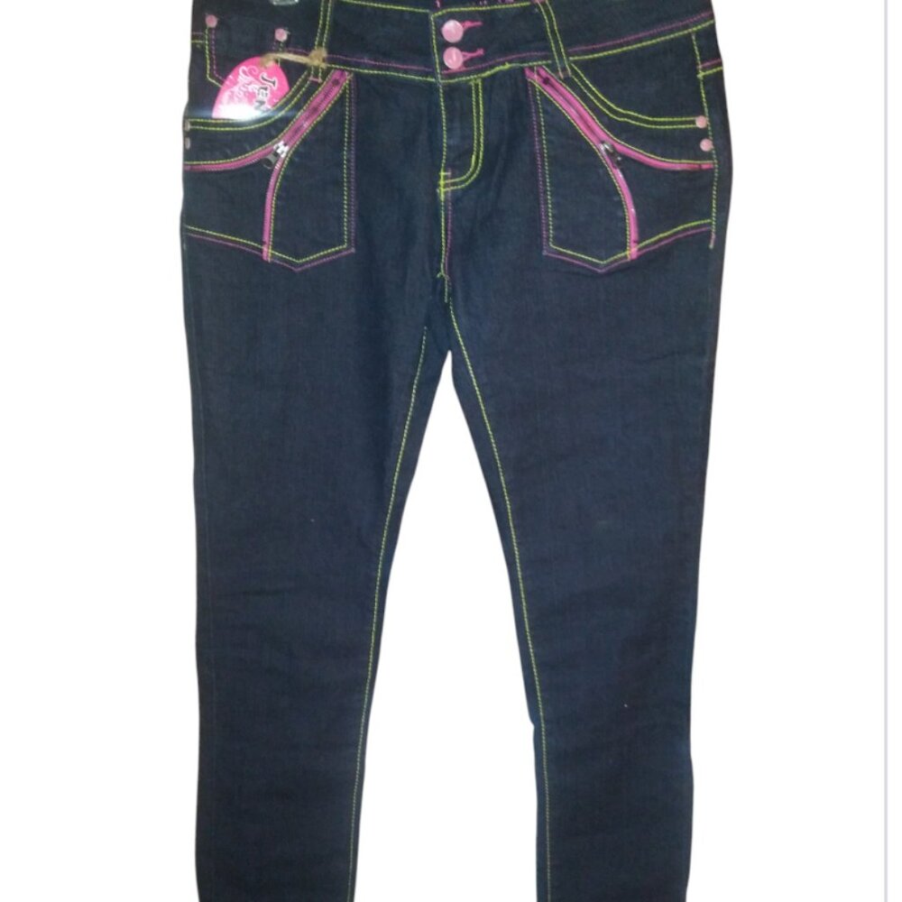 Stretchy black jeans with pink and yellow stitching.